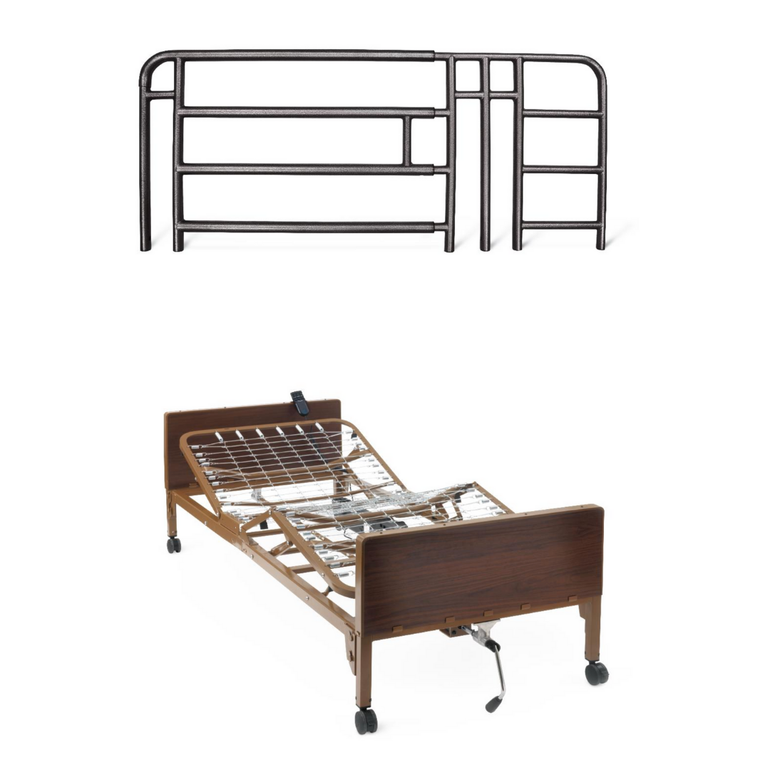 Medline Homecare Semi-Electric Bed with 15-20 height range features metal hospital bed rails above a brown, adjustable, lightweight frame with wheels, shown without a mattress.